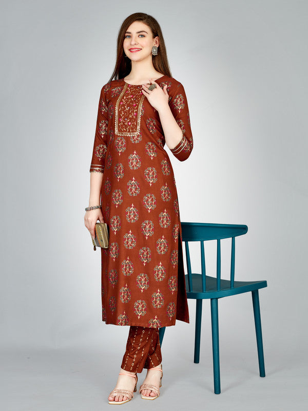 Malishka Women's Embroidered Rayon Kurta Pant Set-Brown - Distacart