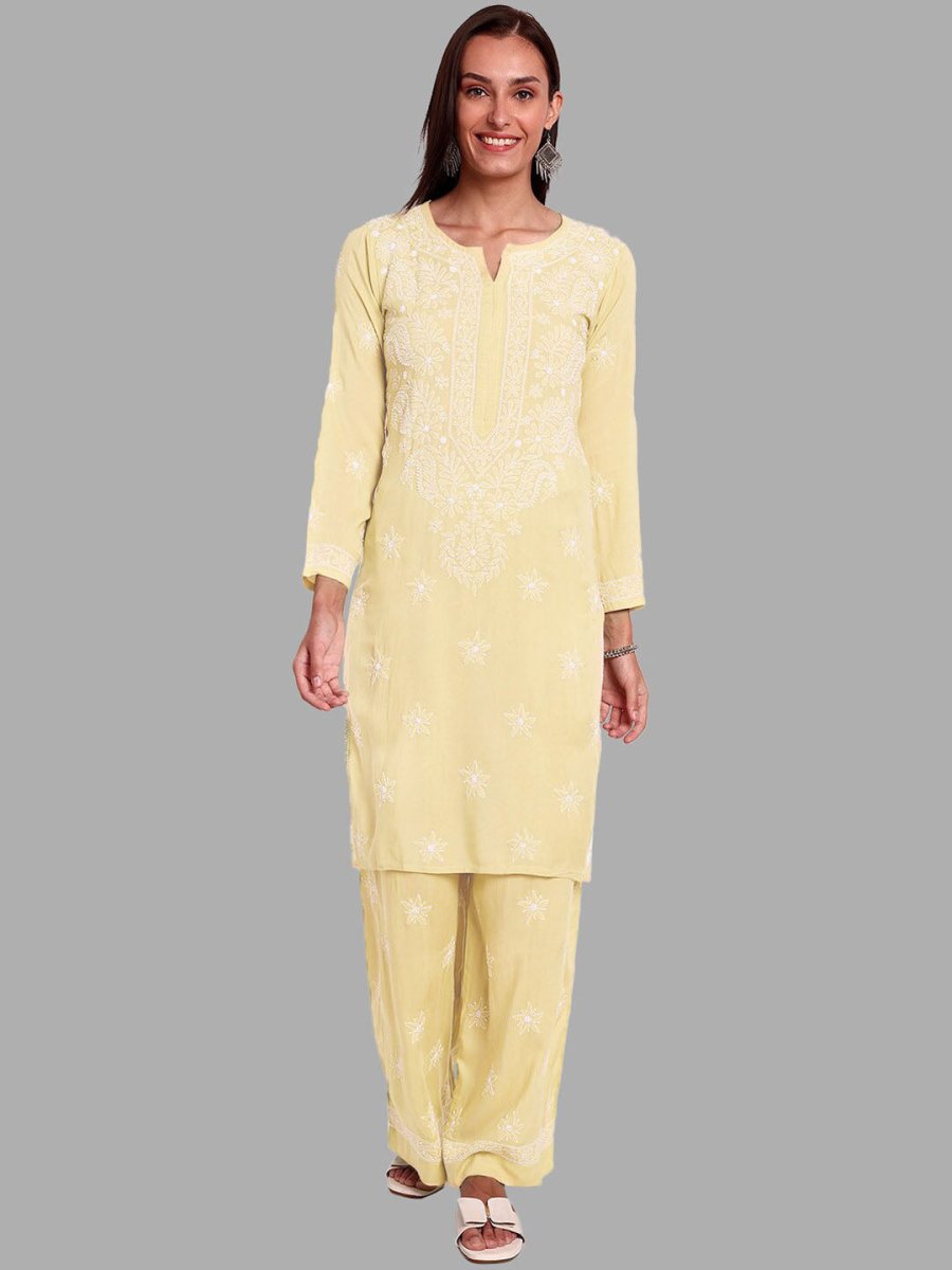 ADA Ethnic Motifs Embroidered Chikankari Straight Kurta with Palazzos - Distacart