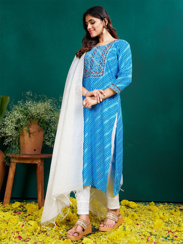 Malishka Women's Sky Blue Rayon Pinted & Embroidery Kurta Set With Dupatta - Sky Blue - Distacart
