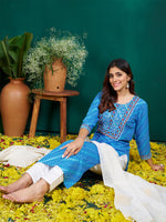 Thumbnail for Malishka Women's Sky Blue Rayon Pinted & Embroidery Kurta Set With Dupatta - Sky Blue - Distacart