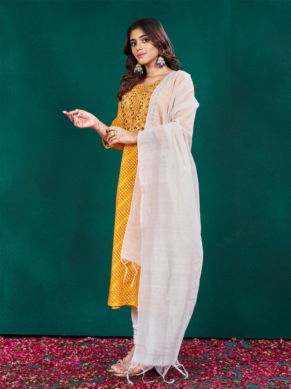 Malishka Women's Yellow Rayon Pinted & Embroidery Kurta Set With Dupatta - Yellow - Distacart