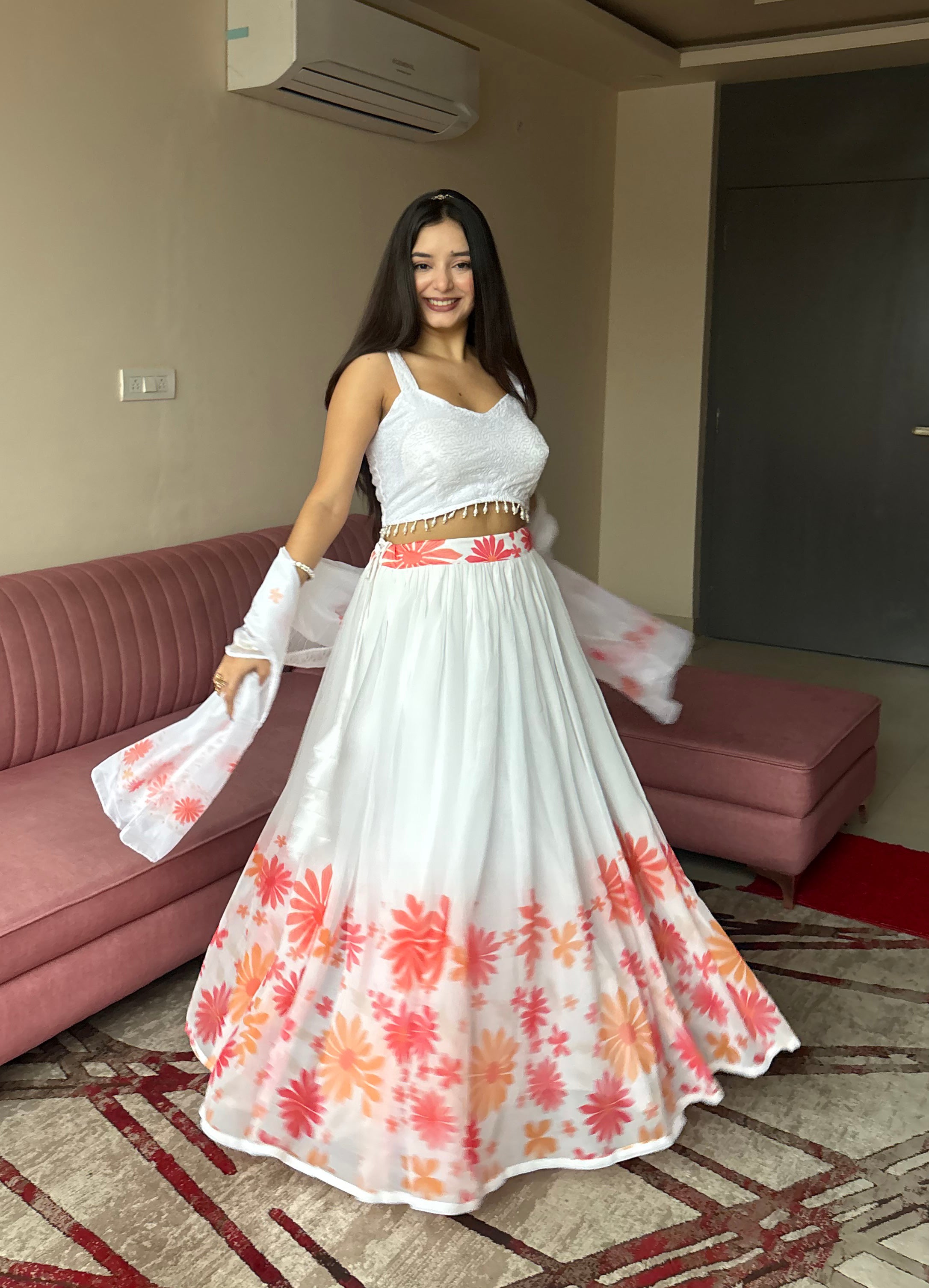 Lorenvalley Fashion White Georgette with Floral Print Design Lehenga Choli with Dupatta