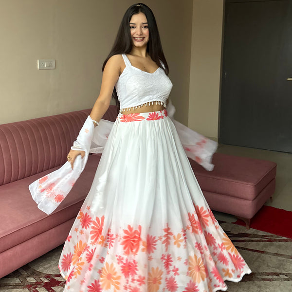 Lorenvalley Fashion White Georgette with Floral Print Design Lehenga Choli with Dupatta - Distacart