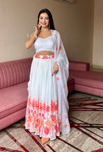 Thumbnail for Lorenvalley Fashion White Georgette with Floral Print Design Lehenga Choli with Dupatta