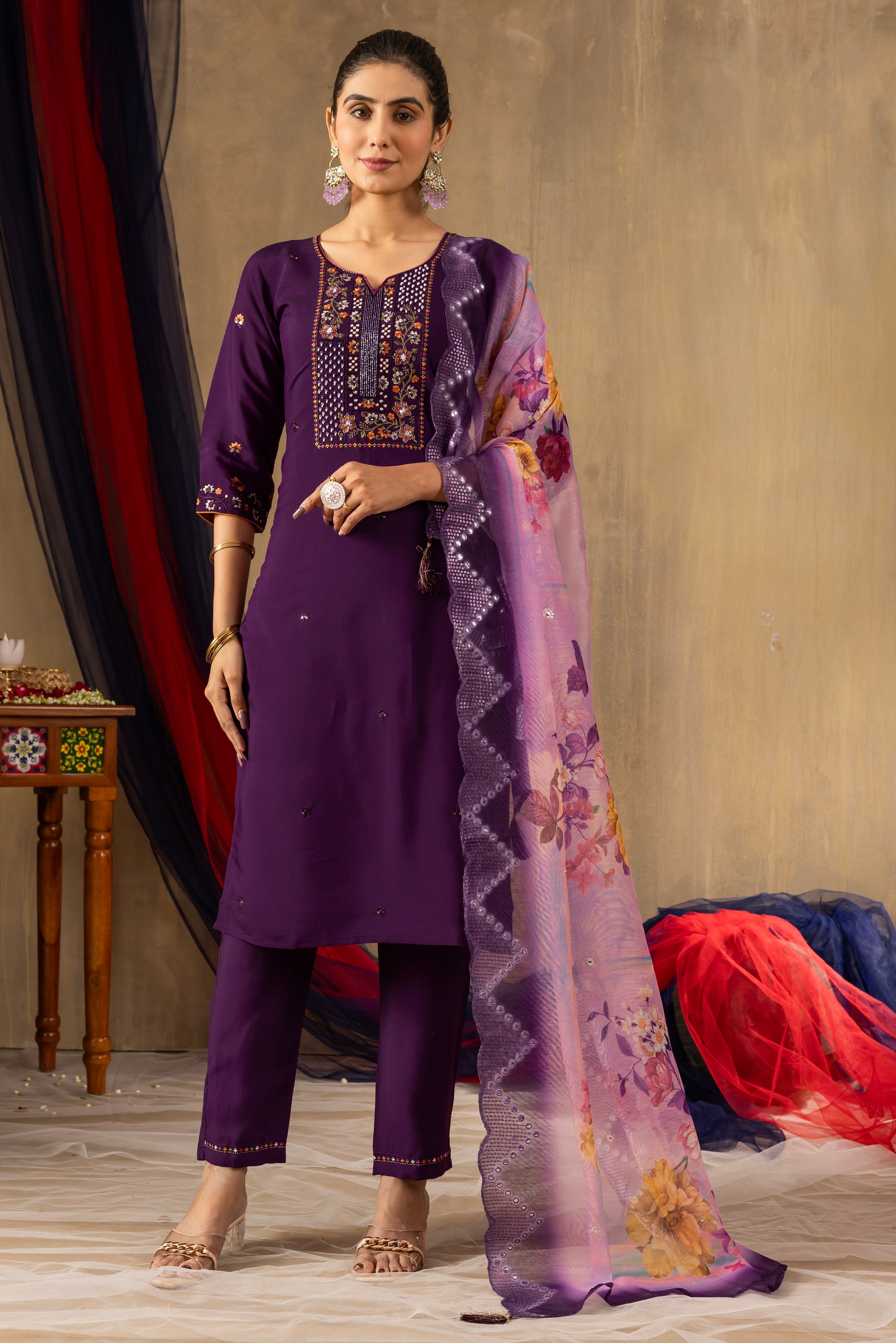 Vedant Vastram Roman Silk Embroidery & Sequence Work Stitched Kurta Pant Dupatta Set-Purple