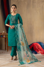 Thumbnail for Vedant Vastram Roman Silk Embroidery & Sequence Work Stitched Kurta Pant Dupatta Set-Rama - Distacart