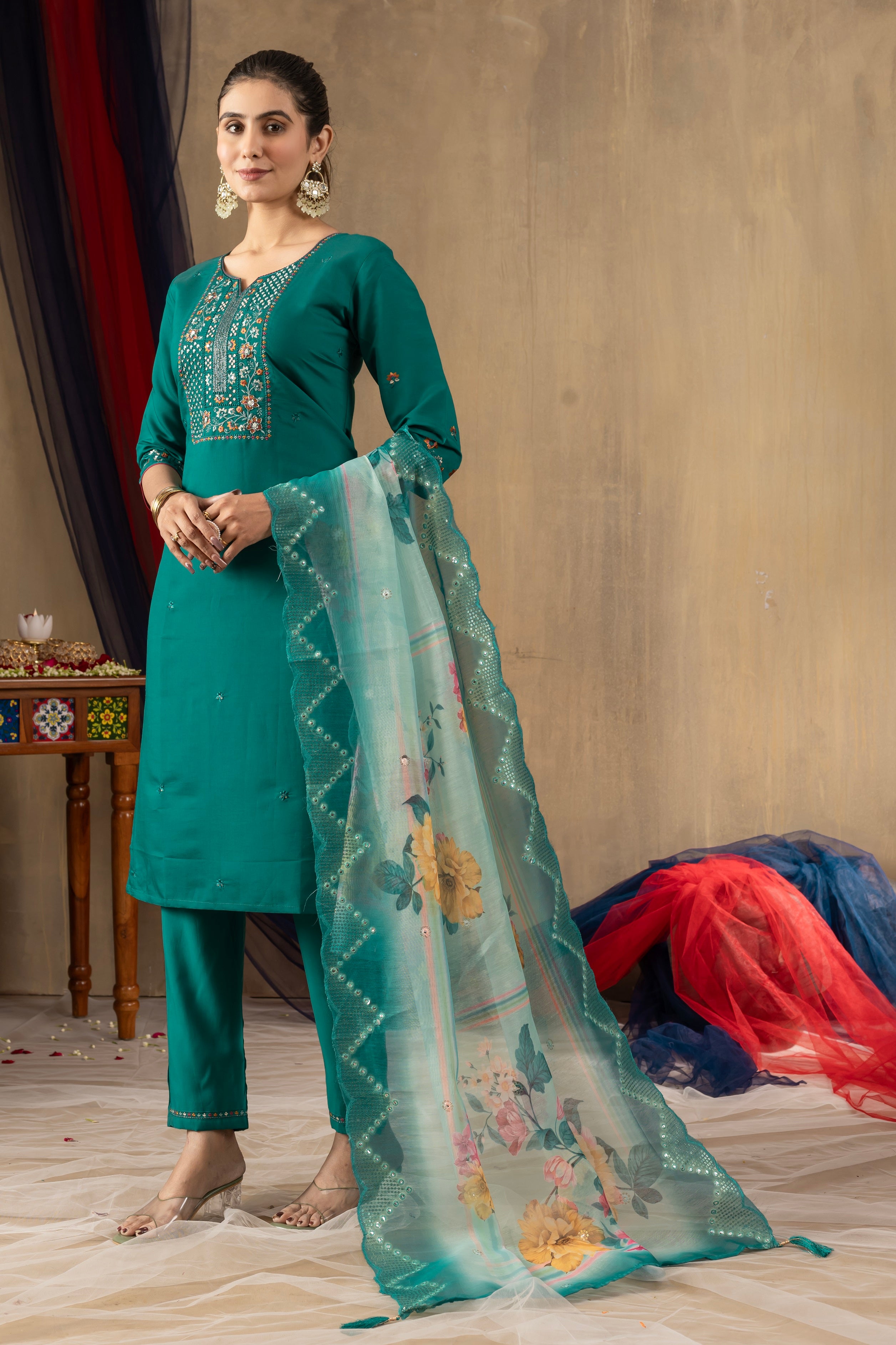 Vedant Vastram Roman Silk Embroidery & Sequence Work Stitched Kurta Pant Dupatta Set-Rama - Distacart