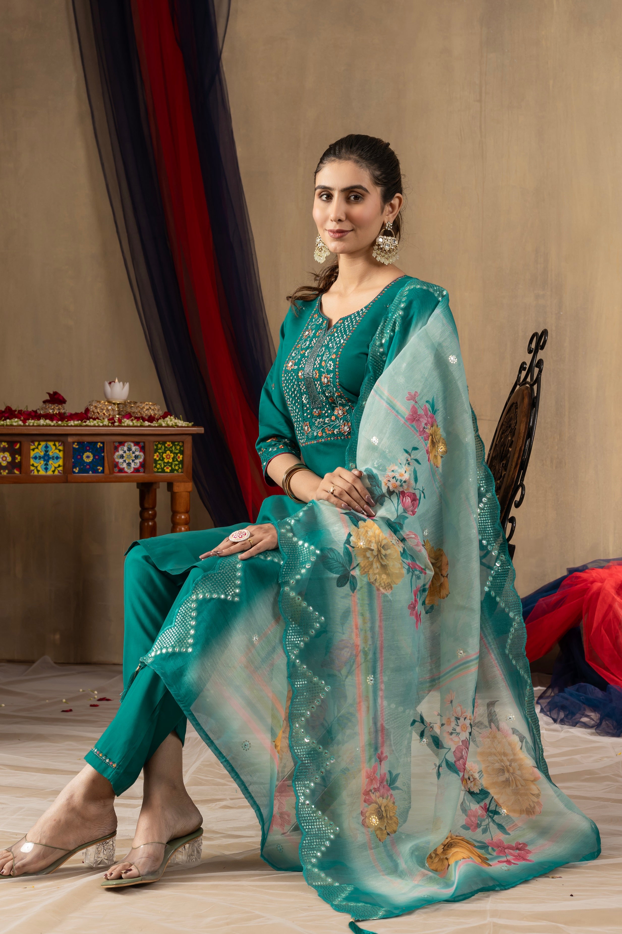Vedant Vastram Roman Silk Embroidery & Sequence Work Stitched Kurta Pant Dupatta Set-Rama - Distacart