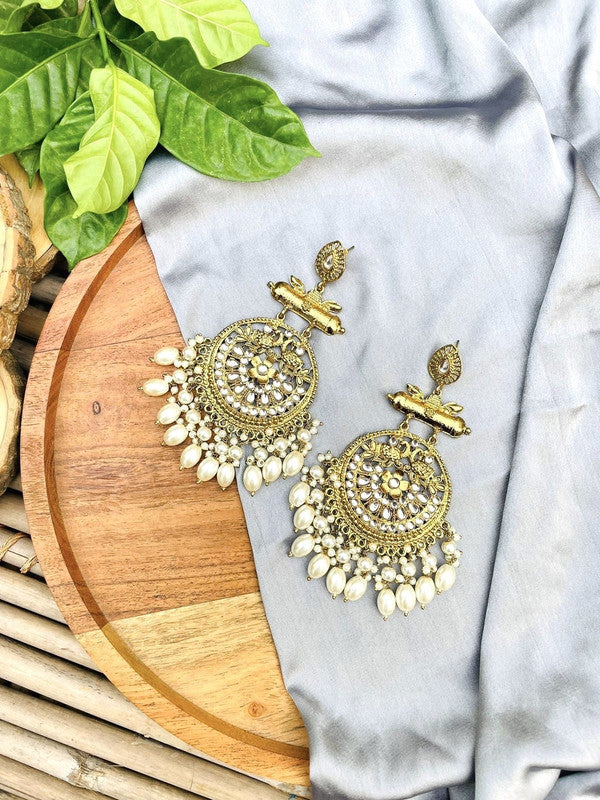 Tehzeeb Creations Traditional Gold-Polished White Kundan Pearl Drop Chandbali Earring For Women/Girls - Distacart