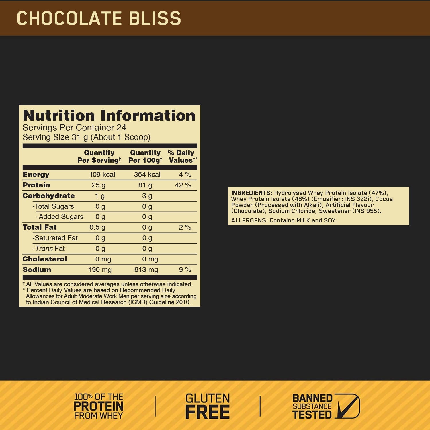 Optimum Nutrition Gold Standard 100% Whey Protein Isolate (Chocolate Bliss)-744 gm