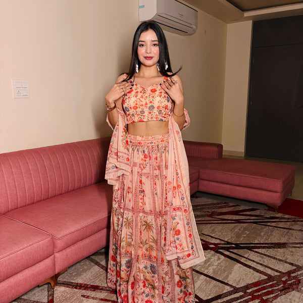 Lorenvalley Fashion Peach Organza with Floral Print Design Lehenga Choli with Dupatta