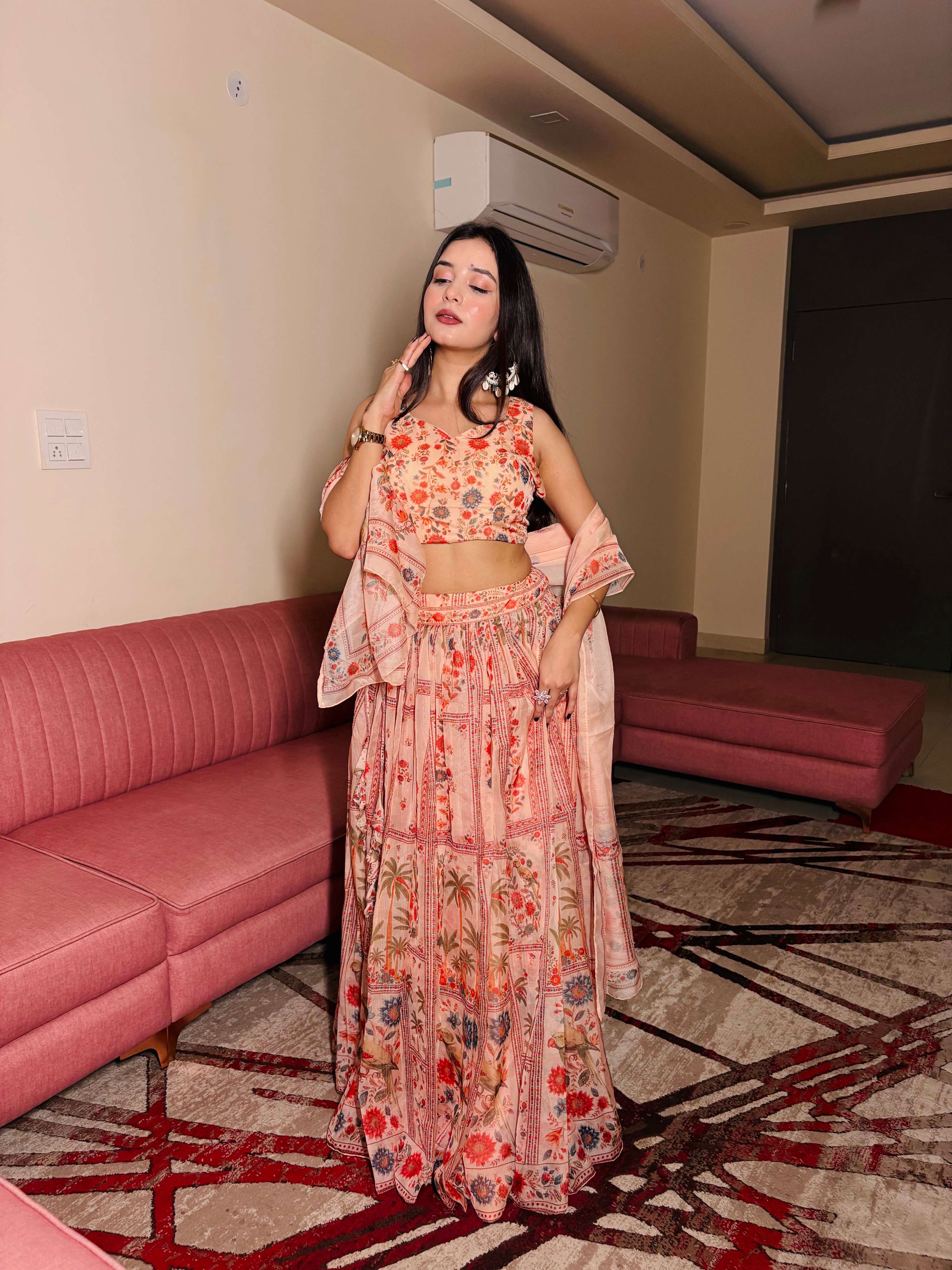 Lorenvalley Fashion Peach Organza with Floral Print Design Lehenga Choli with Dupatta