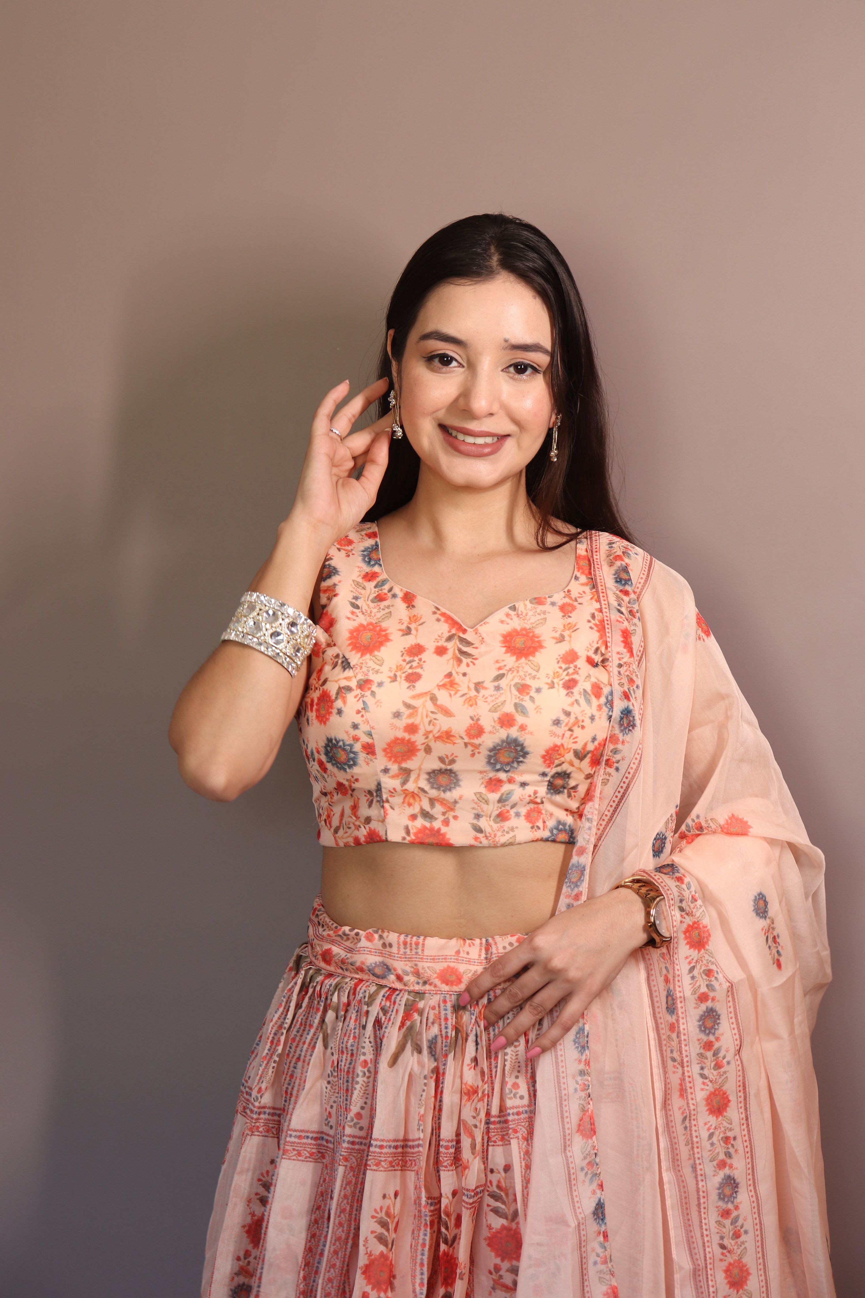 Lorenvalley Fashion Peach Organza with Floral Print Design Lehenga Choli with Dupatta