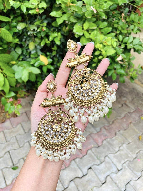 Tehzeeb Creations Traditional Gold-Polished White Kundan Pearl Drop Chandbali Earring For Women/Girls - Distacart