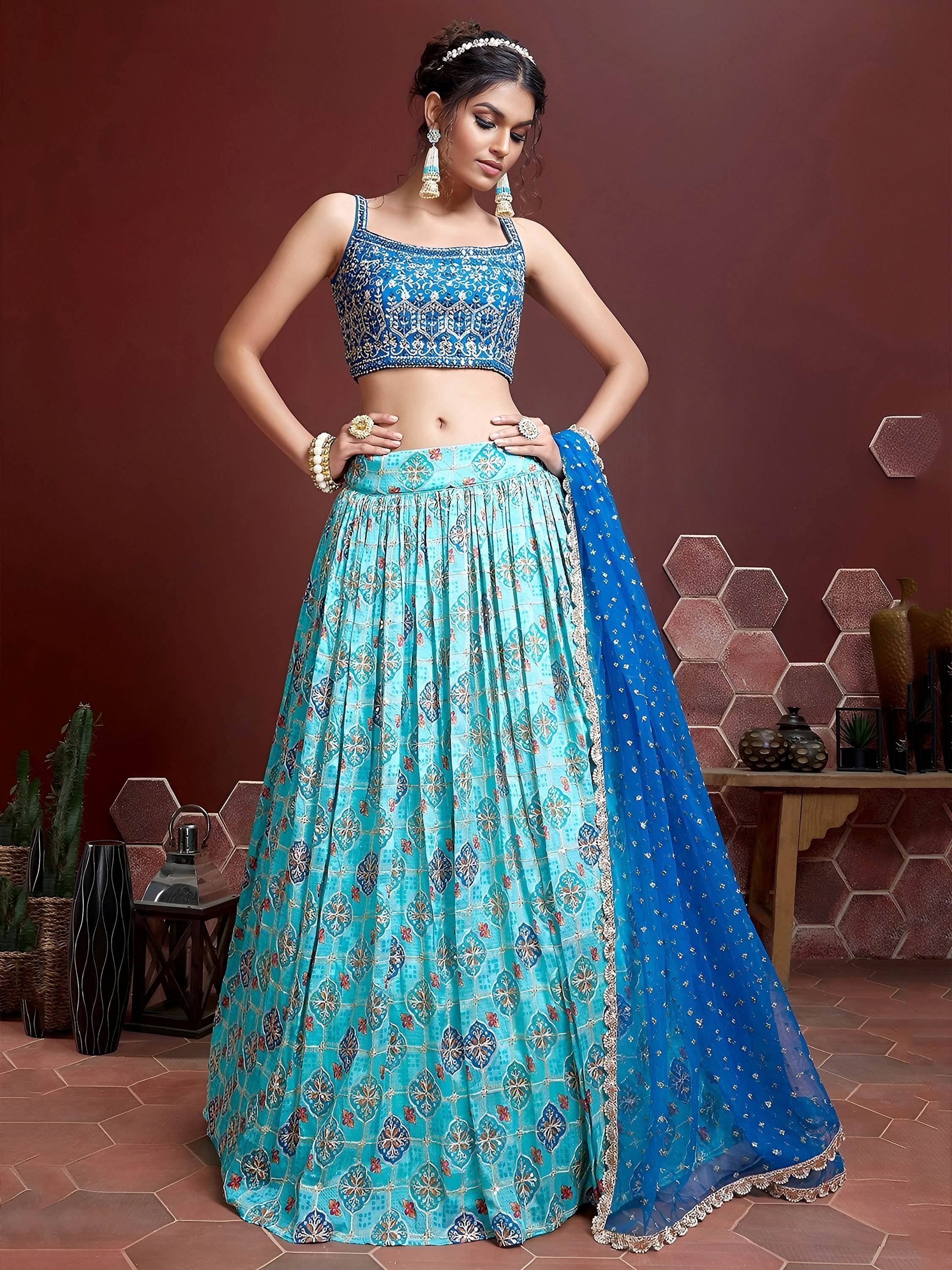 Tulsi Art Lovely Sky Blue Chinon Digital Print Mirror Party Wear Lehenga - Dista