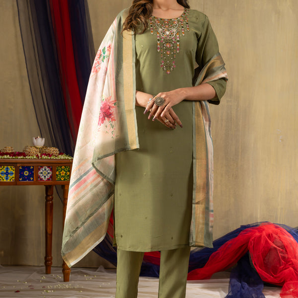 Vedant Vastram Simmer Silk Hand Work & Embroidery Work Stitched Kurta Pant Dupatta Set-Green - Distacart
