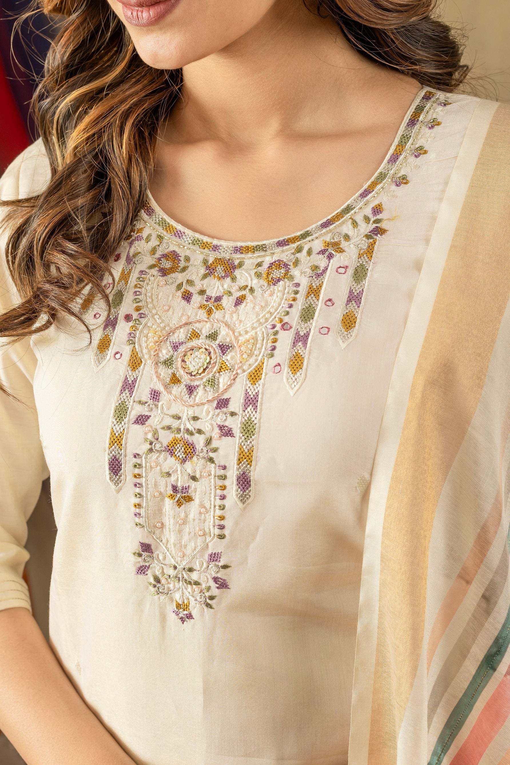 Vedant Vastram Simmer Silk Hand Work & Embroidery Work Stitched Kurta Pant Dupatta Set-Off White - Distacart