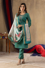 Thumbnail for Vedant Vastram Simmer Silk Hand Work & Embroidery Work Stitched Kurta Pant Dupatta Set-Rama Green - Distacart