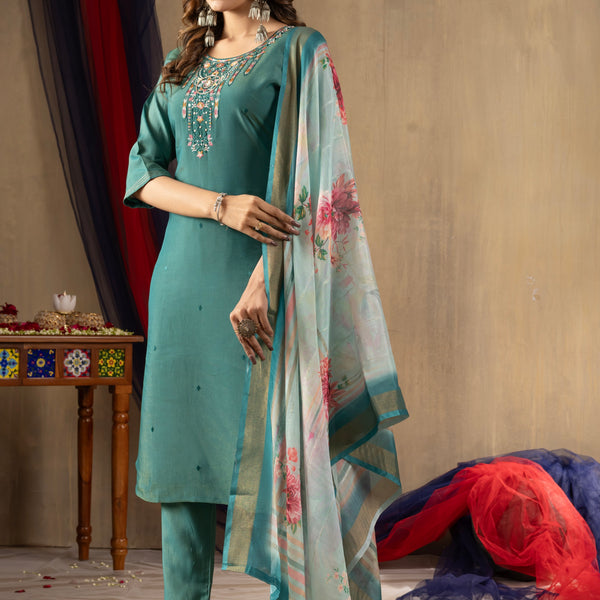 Vedant Vastram Simmer Silk Hand Work & Embroidery Work Stitched Kurta Pant Dupatta Set-Rama Green - Distacart
