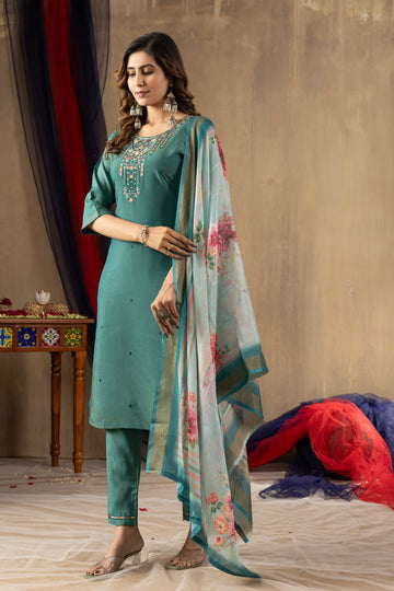 Vedant Vastram Simmer Silk Hand Work & Embroidery Work Stitched Kurta Pant Dupatta Set-Rama Green - Distacart