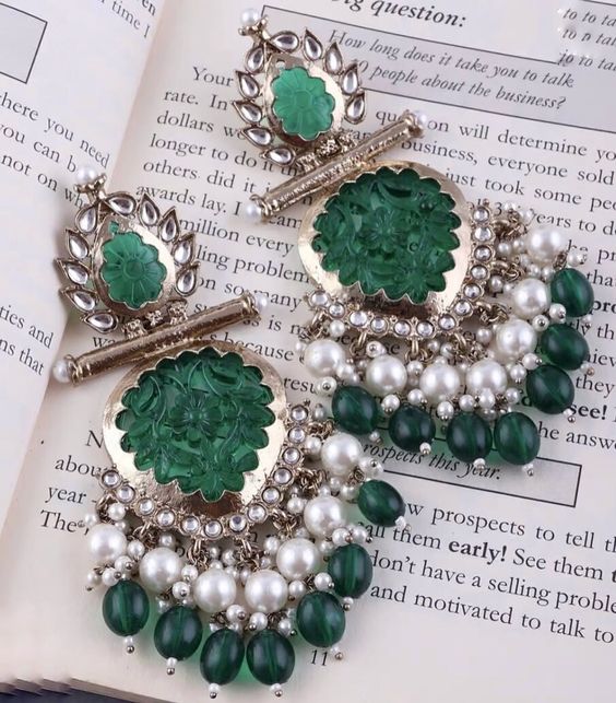 Tehzeeb Creations Latest Gold Polish Kundan & Pearl Studded Designer Drop Long Earrings For Women And Girls Green - Distacart