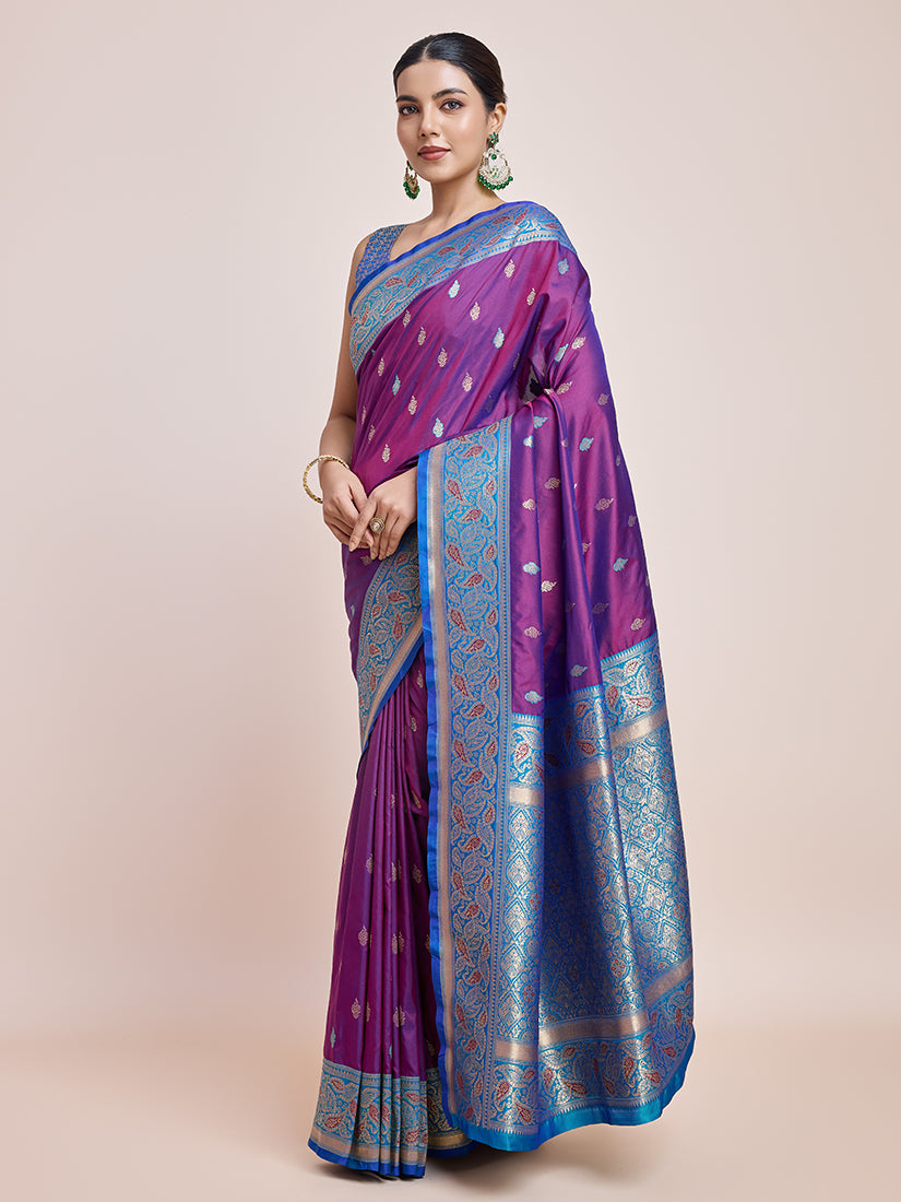 Monjolika Fashion Exquisite Designs With This Purple Banarasi Satin Silk Saree - Distacart