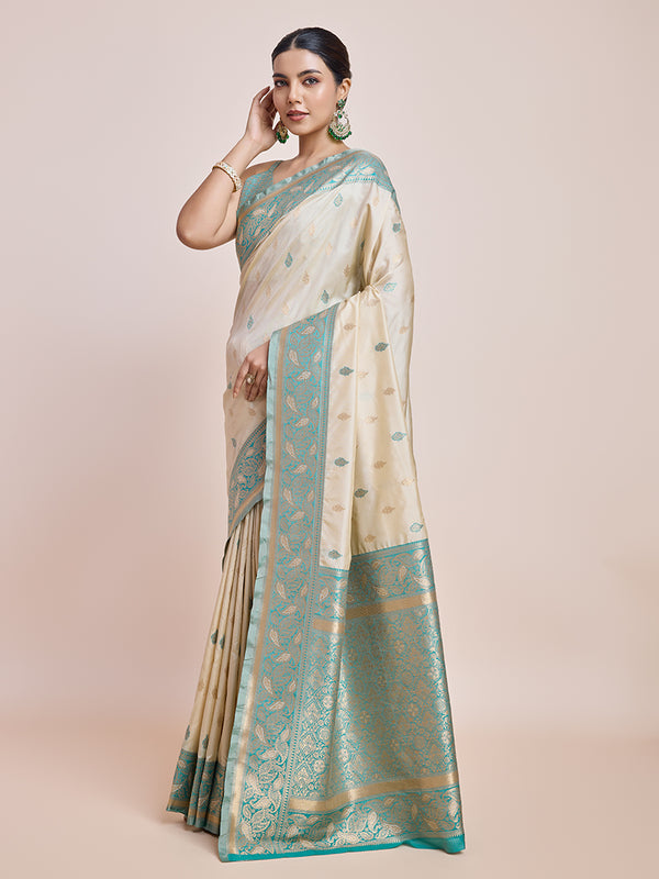 Monjolika Fashion Exquisite Designs With This Cream Banarasi Satin Silk Saree - Distacart