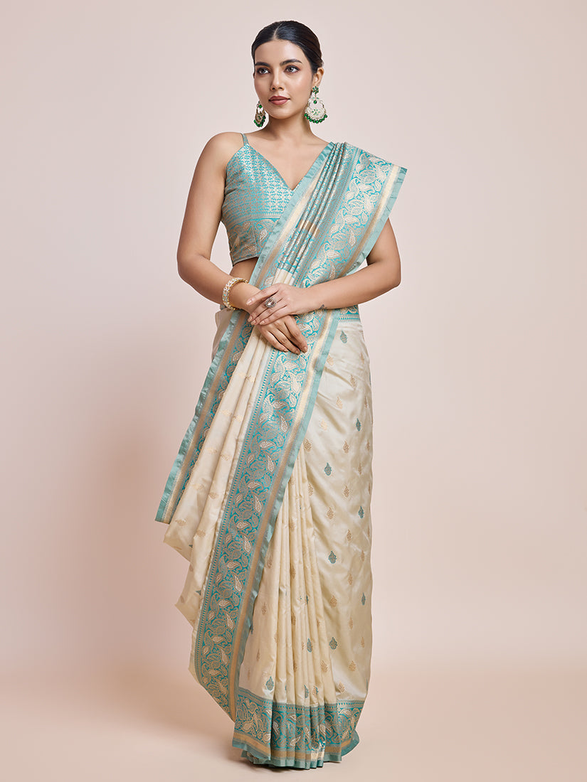 Monjolika Fashion Exquisite Designs With This Cream Banarasi Satin Silk Saree - Distacart