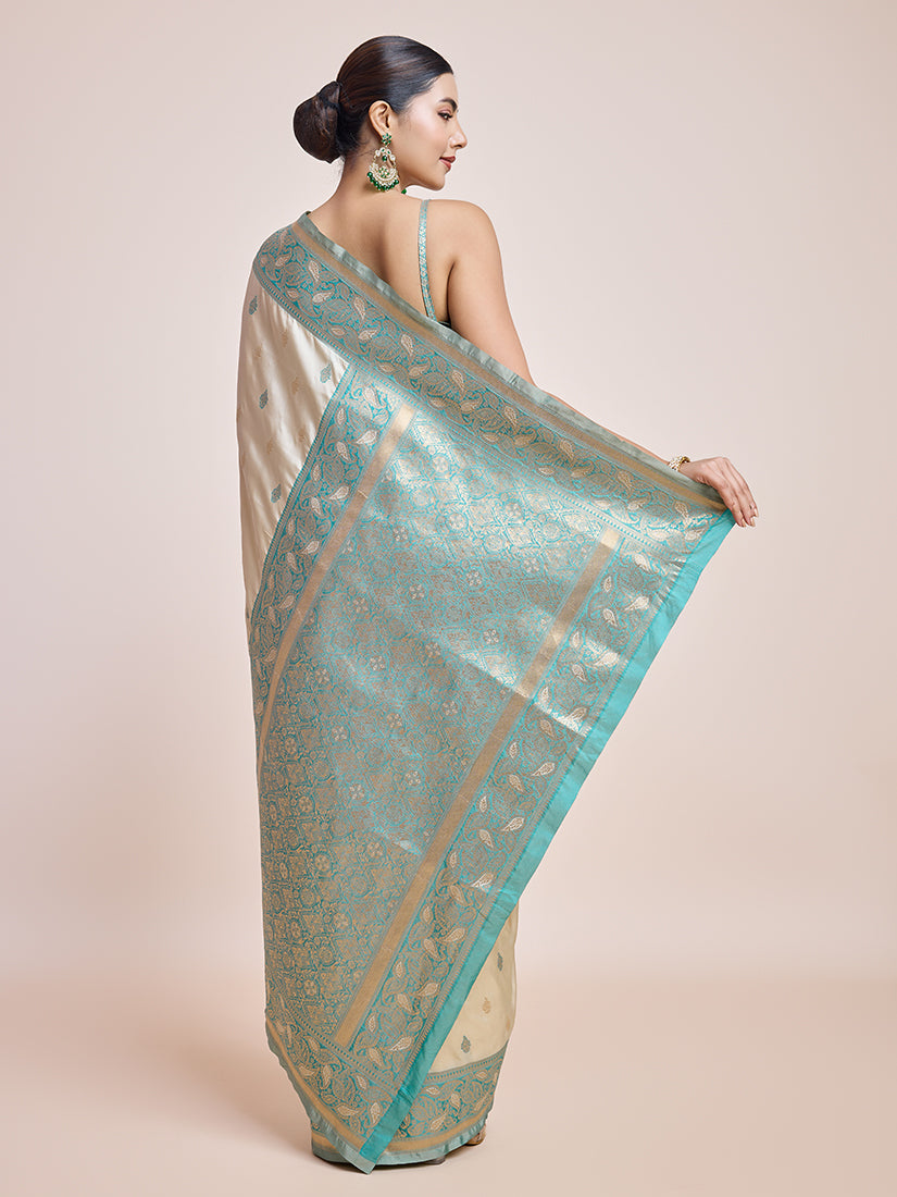 Monjolika Fashion Exquisite Designs With This Cream Banarasi Satin Silk Saree - Distacart