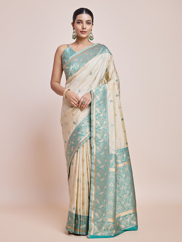 Monjolika Fashion Exquisite Designs With This Cream Banarasi Satin Silk Saree - Distacart