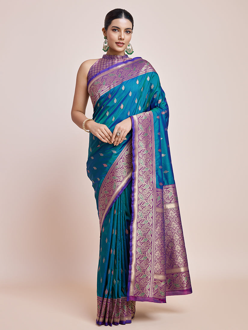 Monjolika Fashion Exquisite Designs With This Teal Banarasi Satin Silk Saree - Distacart