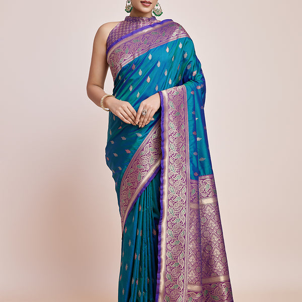 Monjolika Fashion Exquisite Designs With This Teal Banarasi Satin Silk Saree - Distacart