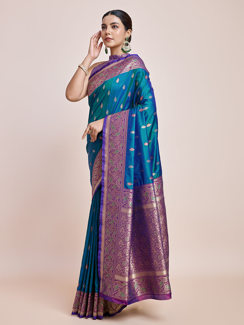 Monjolika Fashion Exquisite Designs With This Teal Banarasi Satin Silk Saree - Distacart