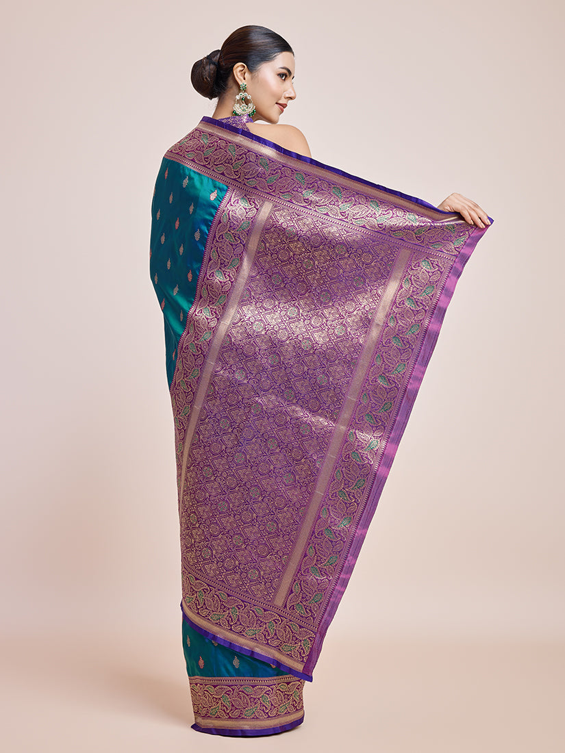 Monjolika Fashion Exquisite Designs With This Teal Banarasi Satin Silk Saree - Distacart