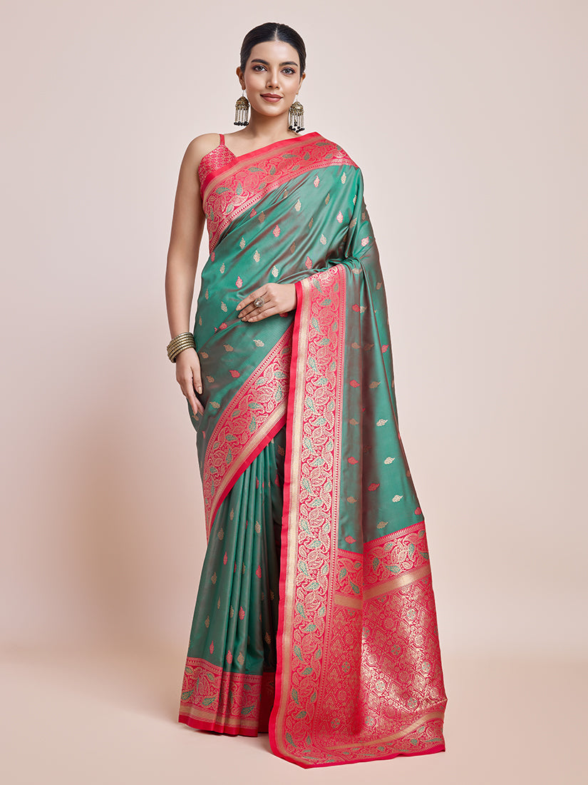 Monjolika Fashion Exquisite Designs With This Green Banarasi Satin Silk Saree - Distacart