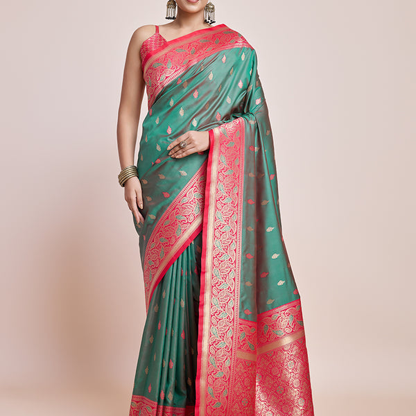 Monjolika Fashion Exquisite Designs With This Green Banarasi Satin Silk Saree - Distacart
