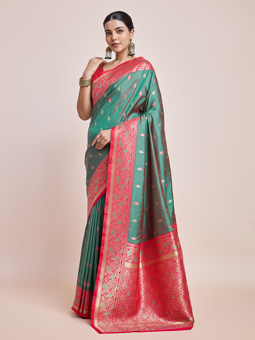Monjolika Fashion Exquisite Designs With This Green Banarasi Satin Silk Saree - Distacart