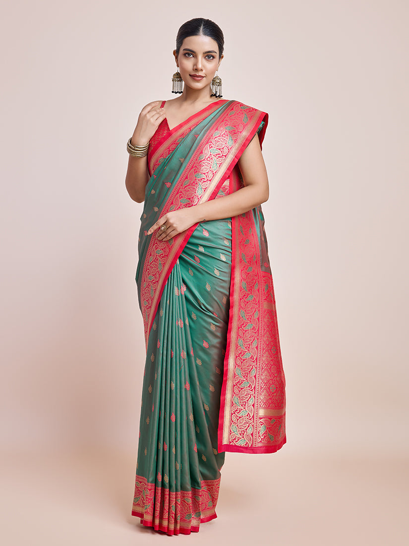 Monjolika Fashion Exquisite Designs With This Green Banarasi Satin Silk Saree - Distacart
