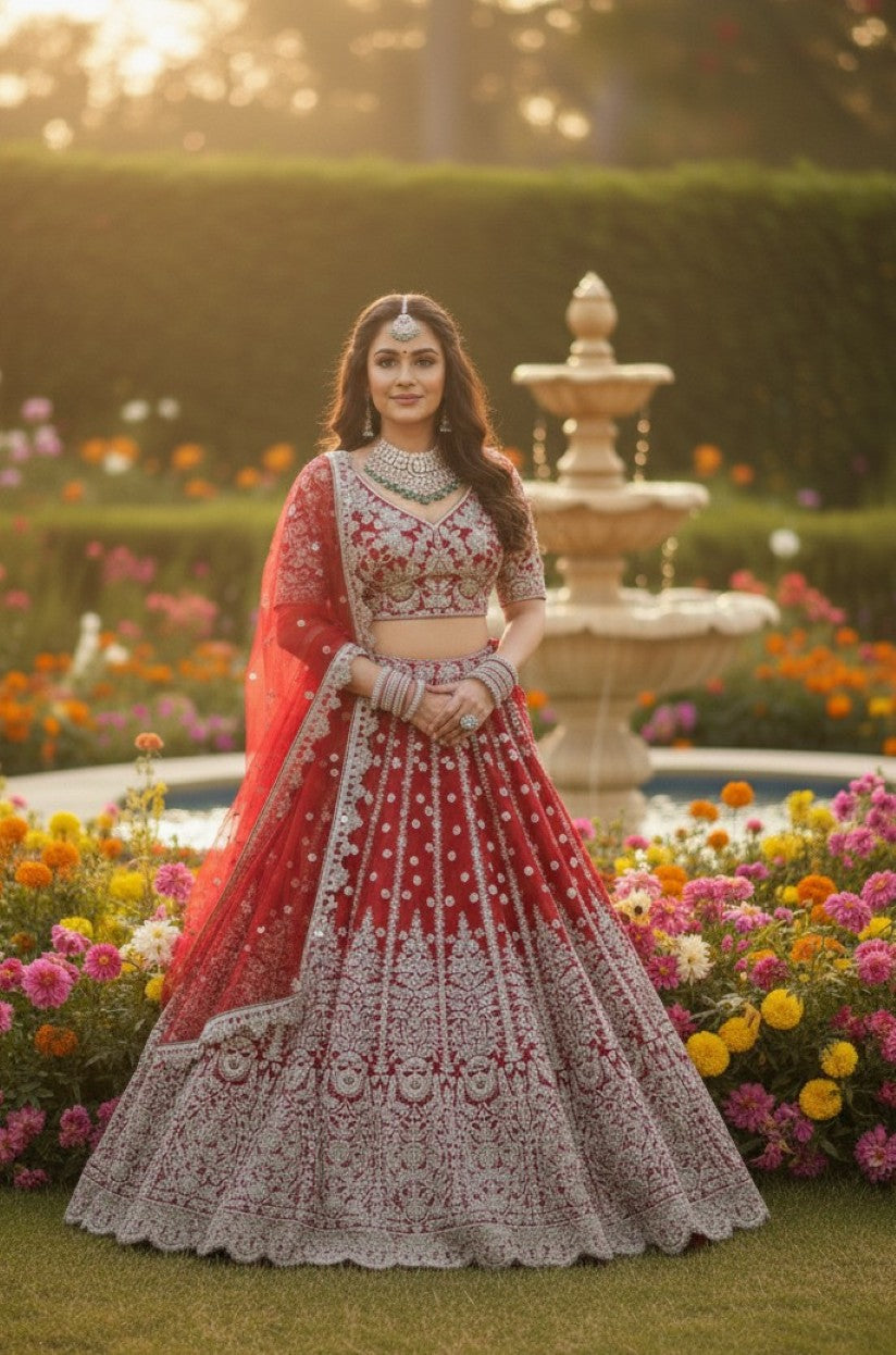 Anaita Red Net Lehenga Choli With Embroidery & Dori Sequence Work - Distacart