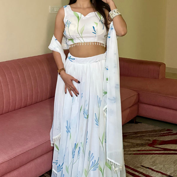 Lorenvalley Fashion White Georgette with Hand-painted Floral Design Lehenga Choli with Dupatta - Distacart