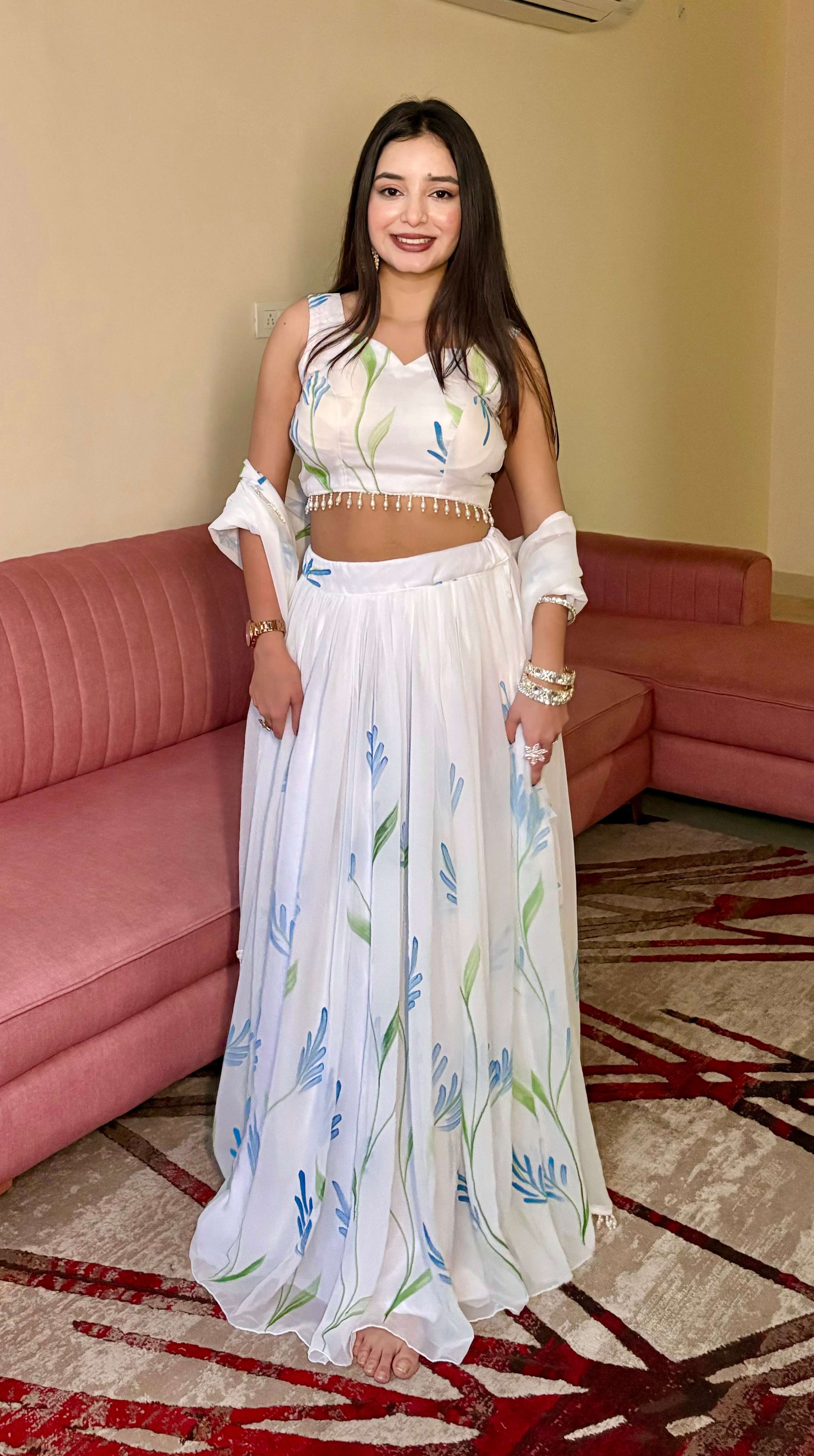 Lorenvalley Fashion White Georgette with Hand-painted Floral Design Lehenga Choli with Dupatta