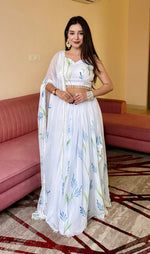 Thumbnail for Lorenvalley Fashion White Georgette with Hand-painted Floral Design Lehenga Choli with Dupatta