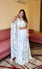 Thumbnail for Lorenvalley Fashion White Georgette with Hand-painted Floral Design Lehenga Choli with Dupatta