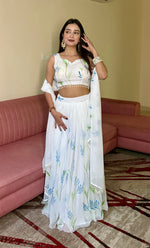 Thumbnail for Lorenvalley Fashion White Georgette with Hand-painted Floral Design Lehenga Choli with Dupatta