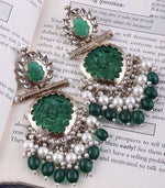 Thumbnail for Tehzeeb Creations Latest Gold Polish Kundan & Pearl Studded Designer Drop Long Earrings For Women And Girls Green - Distacart