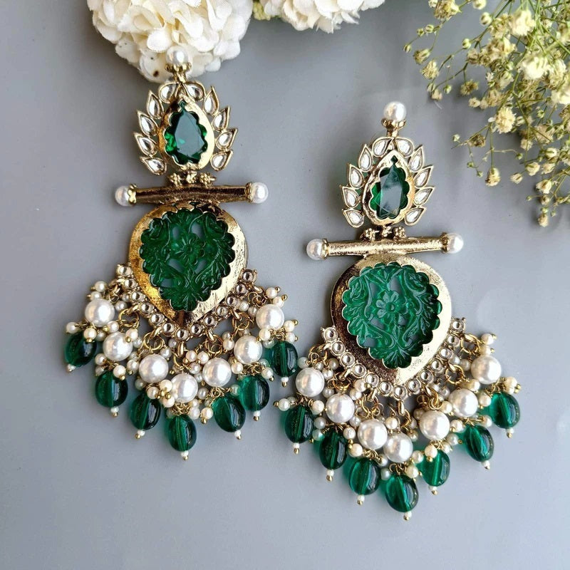 Tehzeeb Creations Latest Gold Polish Kundan & Pearl Studded Designer Drop Long Earrings For Women And Girls Green - Distacart