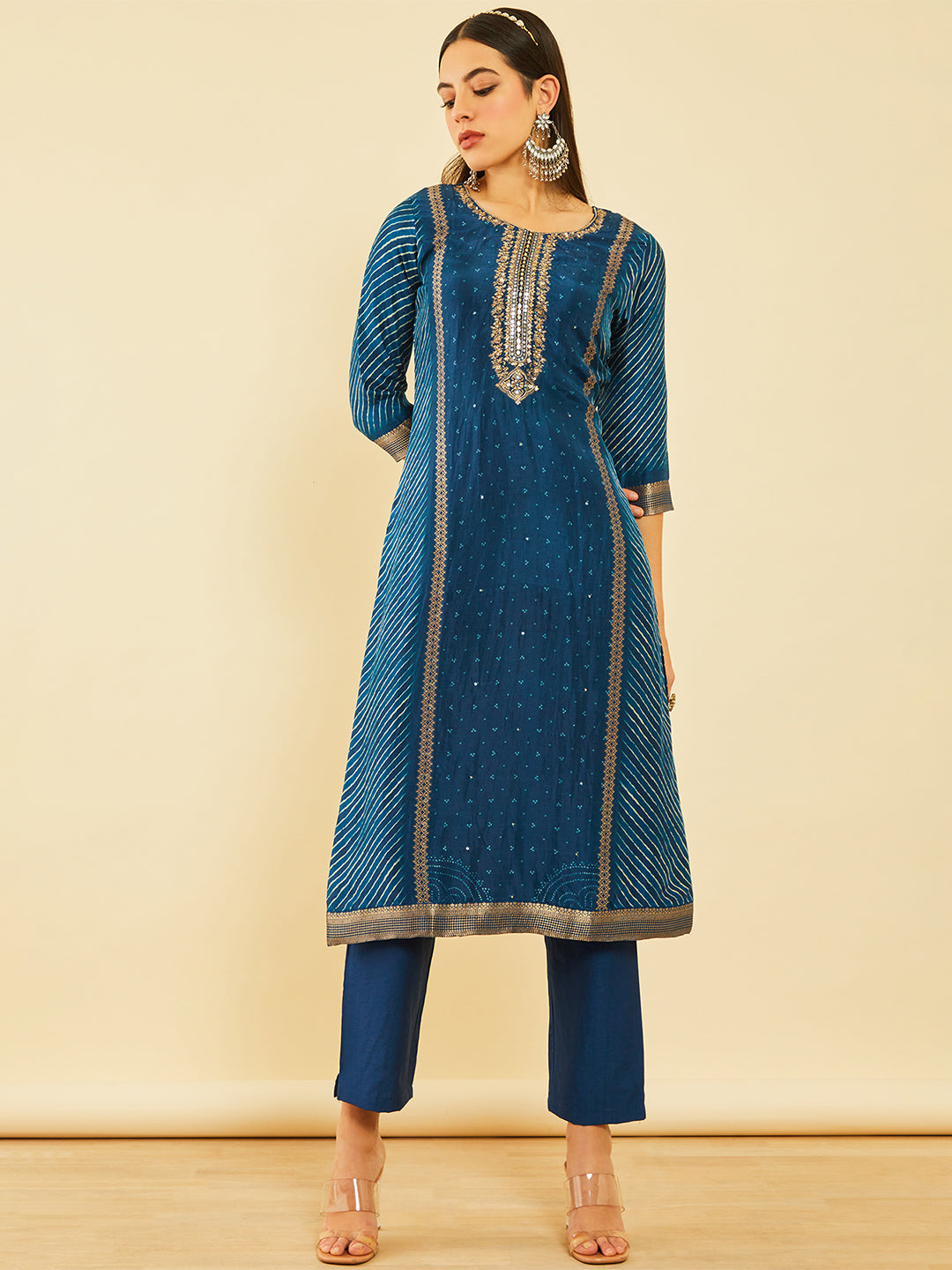 Soch Bandhani Printed Straight Kurta With Trousers & Dupatta - Distacart