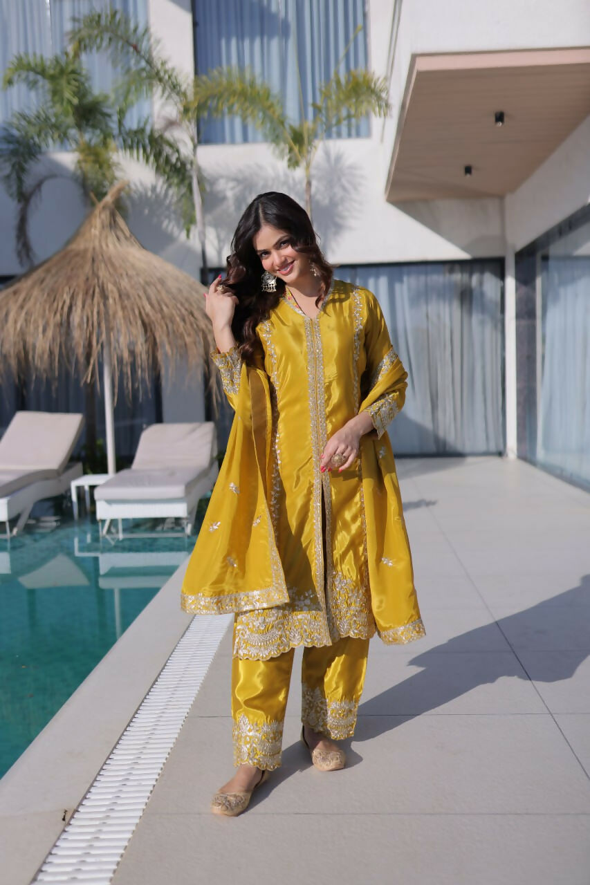 Teeya Creation Womens New Yellow Silk With Rich Zari Coding Embroidered Work Kurta Pant Set - Dista