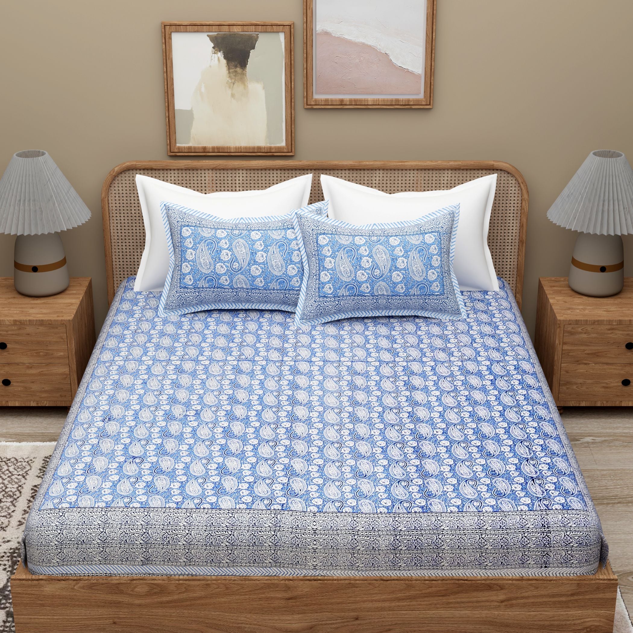 Blue Ethnic Motifs Cotton King Bedsheet With 2 Zipper Pillow Covers - Super King Size by House of Ree - Distacart