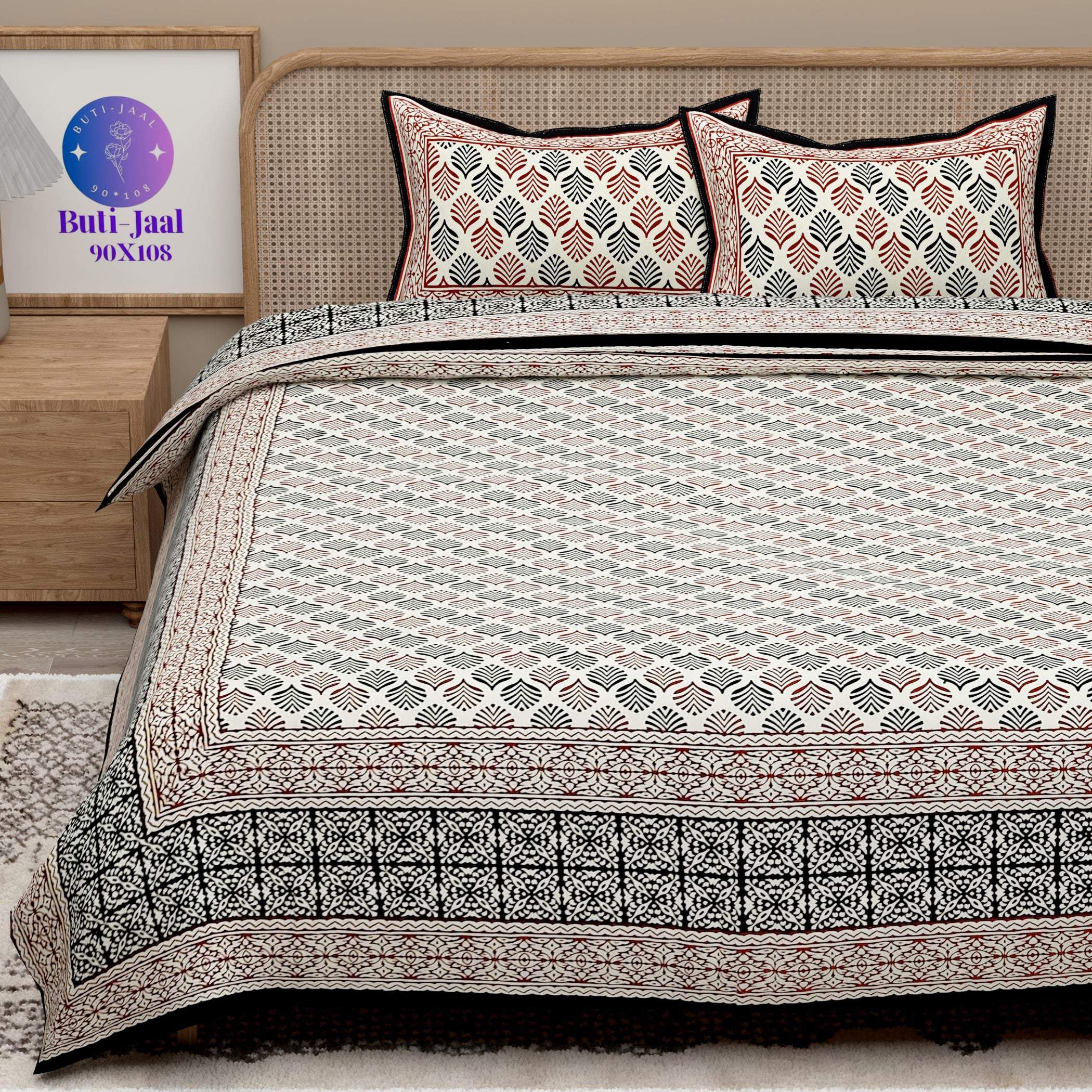 Brown Black Handblock Printed Cotton 200TC King Bedsheet With 2 Zipper Pillow Covers - King Size by House of Ree - Distacart